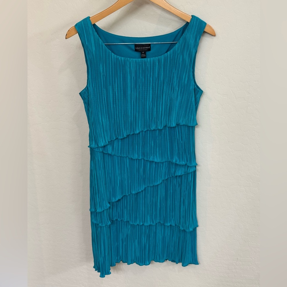 Like New! Connected Apparel Teal Tiered Pleated Mini Dress Size 8 Petite